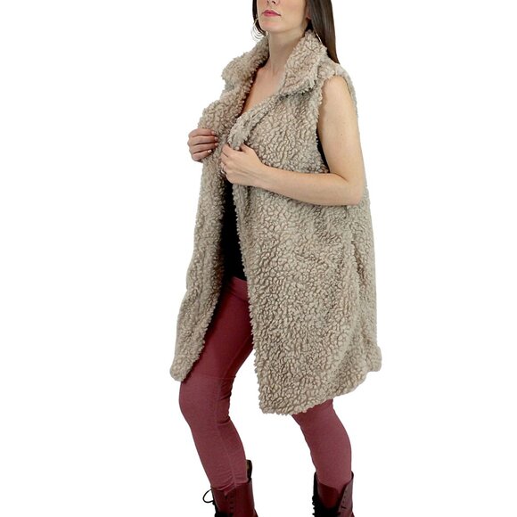 Soft Cozy Shaggy Faux Fur Long Vest Fuzzy Wrap Khaki - Picture 2 of 9